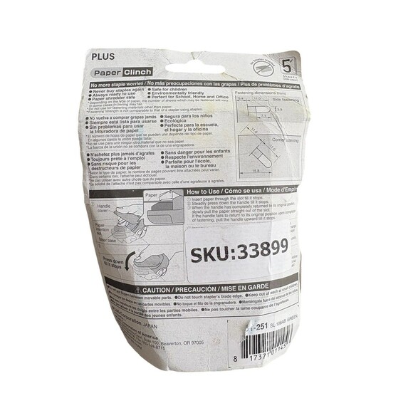 Plus Paper Clinch Staple Free Stapler Green 5 Sheet Capacity Tabs Interlock New! - Picture 5 of 9